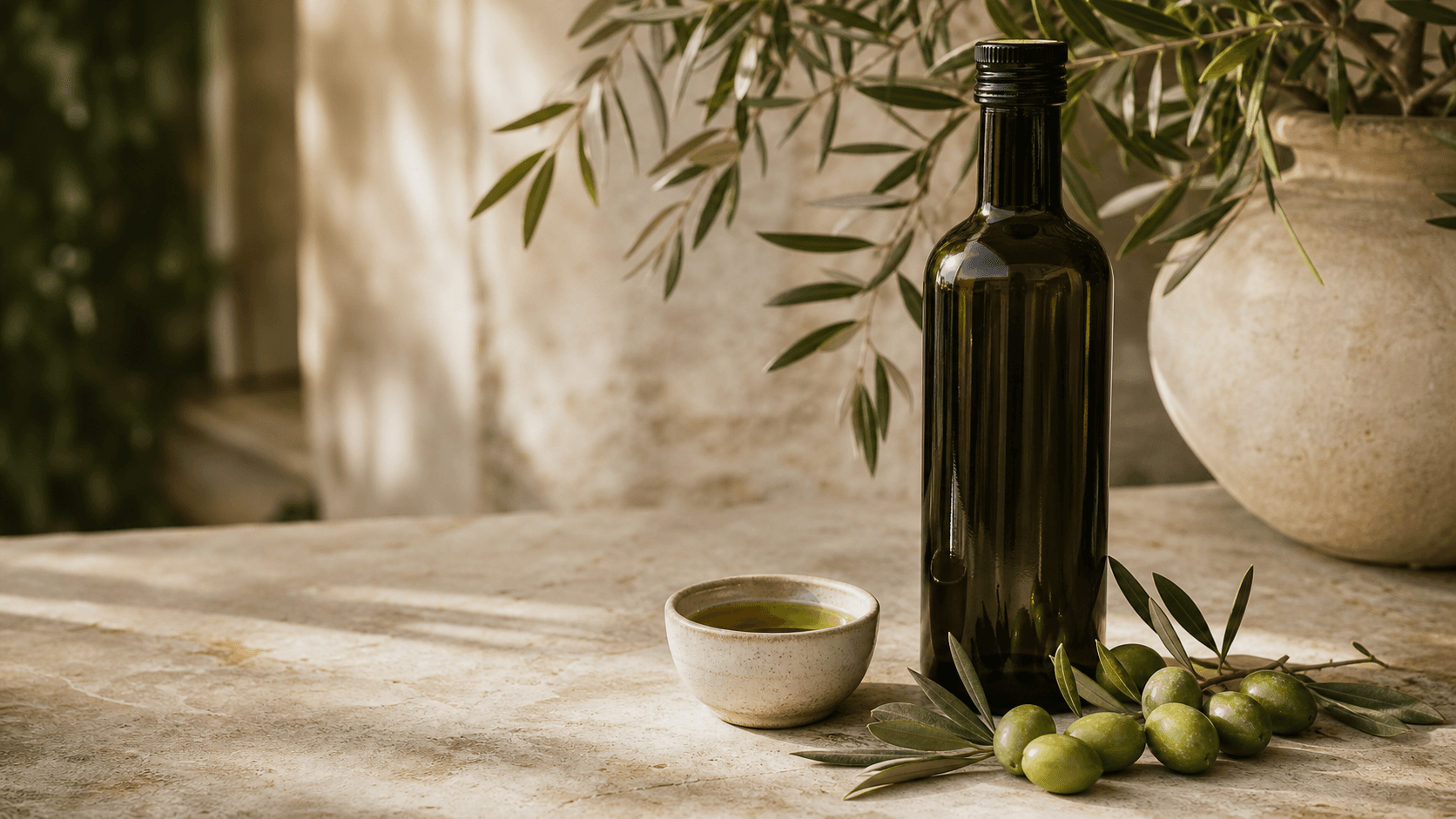 بطری شیشهای تیره روغن زیتون، زیتون سبز و فنجان چشایی روی سنگ روشن